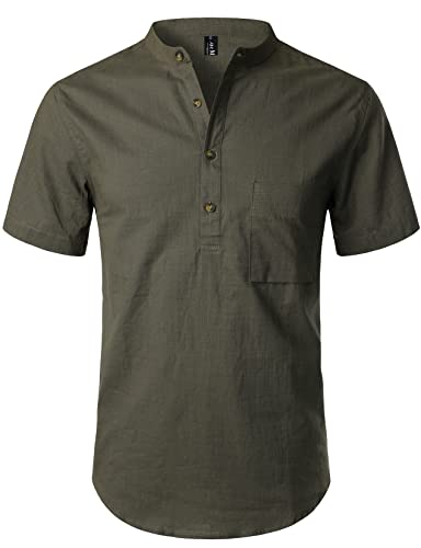 LucMatton Sommerhemd Herren, aus Baumwolle, Leinen, Kurzarm, casual Henley-Hemd, leichte Sommer-Oberbekleidung für den Strand, mit Stehkragen, Armee-Grün-C, XXL von LucMatton