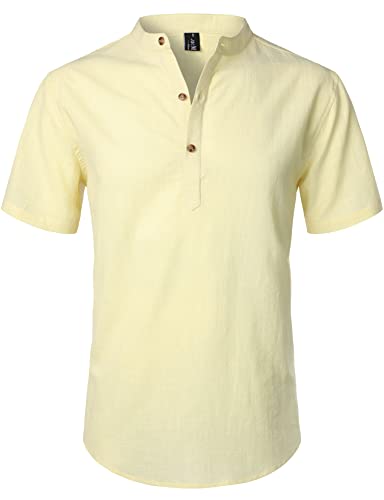 LucMatton Sommerhemd für Herren, aus Baumwolle/Leinen, Kurzarm, lässiges Henley-Hemd, leichte Sommer-Oberbekleidung für den Strand, mit Stehkragen, Beige Gelb, L von LucMatton