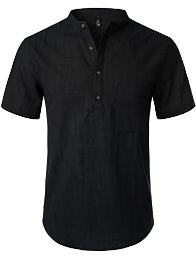 LucMatton Sommerhemd Herren, aus Baumwolle, Leinen, Kurzarm, casual Henley-Hemd, leichte Sommer-Oberbekleidung für den Strand, mit Stehkragen, Black-C, M von LucMatton