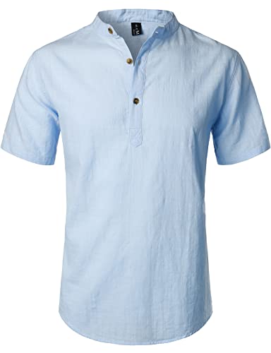 LucMatton Sommerhemd für Herren, aus Baumwolle/Leinen, Kurzarm, lässiges Henley-Hemd, leichte Sommer-Oberbekleidung für den Strand, mit Stehkragen, Blau, XX-Large von LucMatton