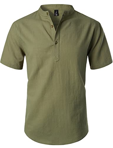 LucMatton Sommerhemd für Herren, aus Baumwolle/Leinen, Kurzarm, lässiges Henley-Hemd, leichte Sommer-Oberbekleidung für den Strand, mit Stehkragen, Grün (Army Green), XL von LucMatton