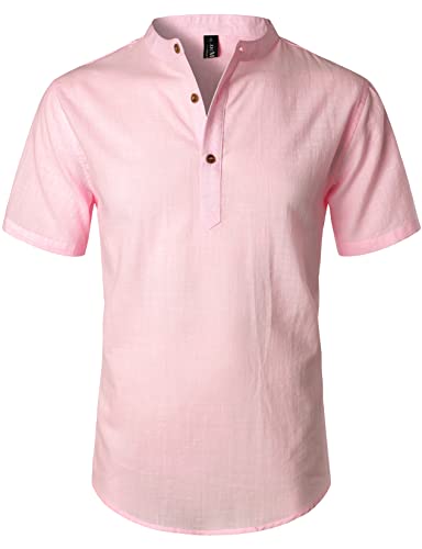 LucMatton Sommerhemd für Herren, aus Baumwolle/Leinen, Kurzarm, lässiges Henley-Hemd, leichte Sommer-Oberbekleidung für den Strand, mit Stehkragen, Pink, XL von LucMatton