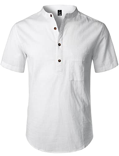 LucMatton Sommerhemd Herren, aus Baumwolle, Leinen, Kurzarm, casual Henley-Hemd, leichte Sommer-Oberbekleidung für den Strand, mit Stehkragen, White-C, XXL von LucMatton