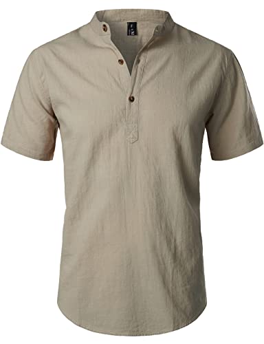 LucMatton Sommerhemd Herren, aus Baumwolle, Leinen, Kurzarm, casual Henley-Hemd, leichte Sommer-Oberbekleidung für den Strand, mit Stehkragen, khaki, 3XL von LucMatton