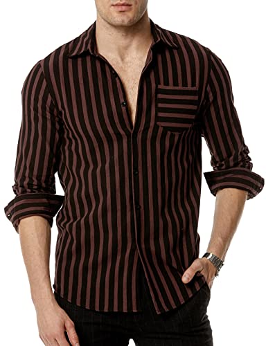 LucMatton Herren Casual Baumwolle Leinen Retro Vertikal Streifen Langarm Slim Fit Button Down Shirts, A-Black Maroon, M von LucMatton