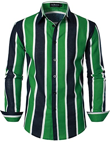 LucMatton Herren Casual Baumwolle Leinen Retro Vertikal Streifen Langarm Slim Fit Button Down Shirts, B-marinegrün, L von LucMatton