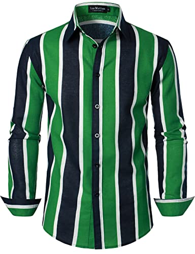 LucMatton Herren Casual Baumwolle Leinen Retro Vertikal Streifen Langarm Slim Fit Button Down Shirts, B-Marinegrün, XL von LucMatton