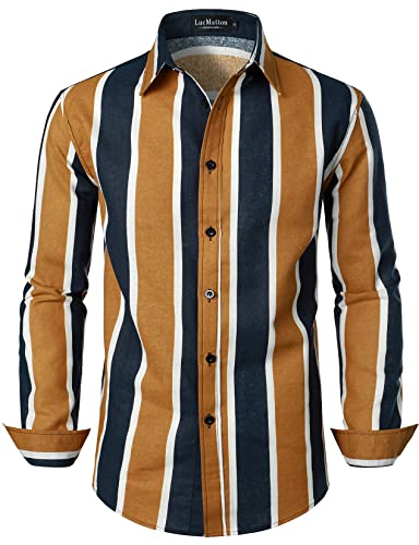 LucMatton Herren Casual Baumwolle Leinen Retro Vertikal Streifen Langarm Slim Fit Button Down Shirts, B-Navy Brown, Klein von LucMatton