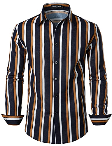 LucMatton Herren Casual Baumwolle Leinen Retro Vertikal Streifen Langarm Slim Fit Button Down Shirts, B-navy Weiß, S von LucMatton