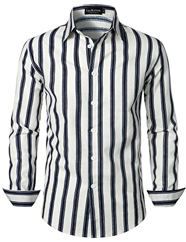 LucMatton Herren Casual Baumwolle Leinen Retro Vertikal Streifen Langarm Slim Fit Button Down Shirts, B-White Navy, S von LucMatton