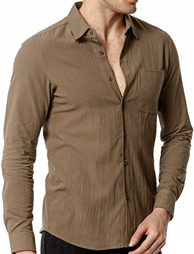 LucMatton Herren Casual Baumwolle Retro Stil Langarm Button Down Slim Fit Hemden mit Taschen, Braun, XL von LucMatton