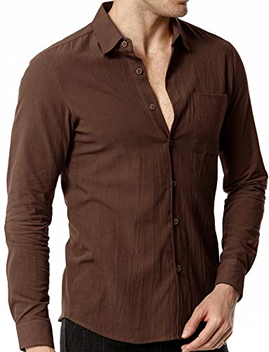 LucMatton Herren Casual Baumwolle Retro Stil Langarm Knopfleiste Slim Fit Hemden mit Taschen, Kaffee, XL von LucMatton