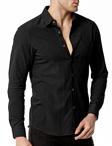 LucMatton Herren Casual Baumwolle Retro Stil Langarm Button Down Slim Fit Hemden mit Taschen, Schwarz, XX-Large von LucMatton