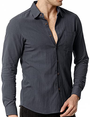 LucMatton Herren Casual Baumwolle Retro Stil Langarm Knopfleiste Slim Fit Hemden mit Taschen, dunkelgrau, XL von LucMatton
