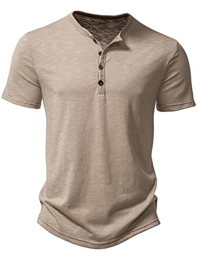 LucMatton Herren-T-Shirt, Henley-Shirt, Kurzarm, schmale Passform, casual, stilvoll, Muskel-T-Shirts mit 4 Knöpfen, khaki, L von LucMatton