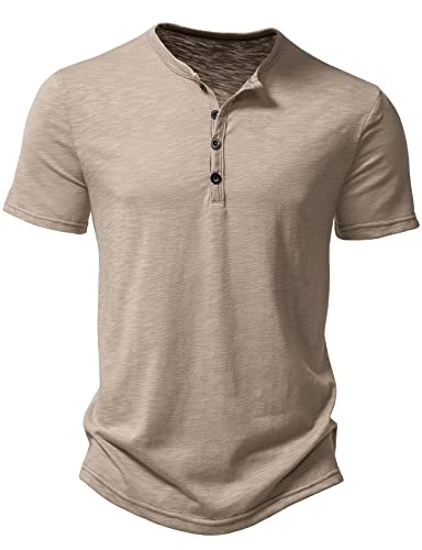 LucMatton Herren Casual Kurzarm Slim Fit Henley Shirt Stilvolle 4 Knöpfe Muskel T-Shirts, Khaki, Mittel von LucMatton