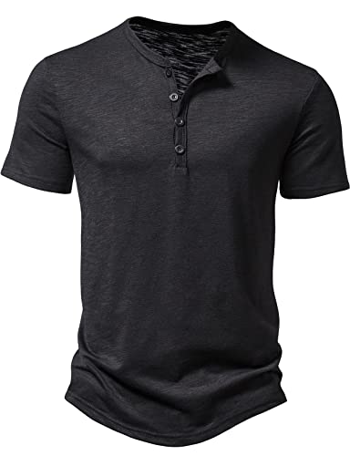 LucMatton Herren Casual Kurzarm Slim Fit Henley Shirt Stilvolle 4 Knöpfe Muskel T-Shirts, Schwarz , L von LucMatton