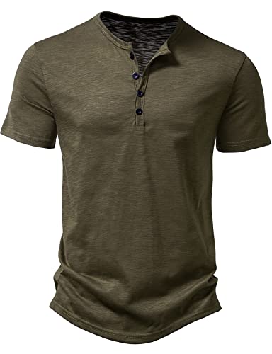 LucMatton Herren Casual Kurzarm Slim Fit Henley Shirt Stilvolle 4 Knöpfe Muskel T-Shirts, armee-grün, XXL von LucMatton