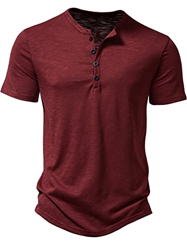 LucMatton Herren Casual Kurzarm Slim Fit Henley Shirt Stilvolle 4 Knöpfe Muskel T-Shirts, burgunderfarben, L von LucMatton