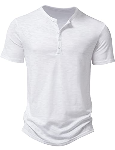 LucMatton Herren-T-Shirt, Henley-Shirt, Kurzarm, schmale Passform, casual, stilvoll, Muskel-T-Shirts mit 4 Knöpfen, weiß, L von LucMatton