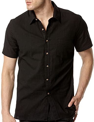 LucMatton Herren Casual Stretch Baumwolle Leinen Kurzarm Button Down Shirt Sommer Atmungsaktiv Slim Fit Tops, Schwarz , S von LucMatton