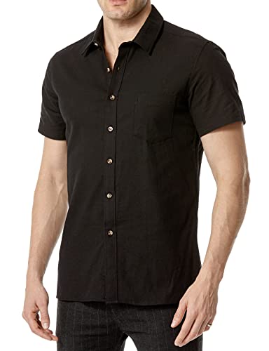 LucMatton Herren Casual Stretch Baumwolle Leinen Kurzarm Button Down Shirt Sommer Atmungsaktiv Slim Fit Tops, Schwarz , XXL von LucMatton