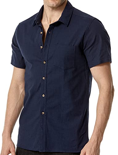 LucMatton Herren Casual Stretchy Baumwolle Leinen Kurzarm Button Down Shirt Sommer Atmungsaktiv Slim Fit Tops, navy, M von LucMatton