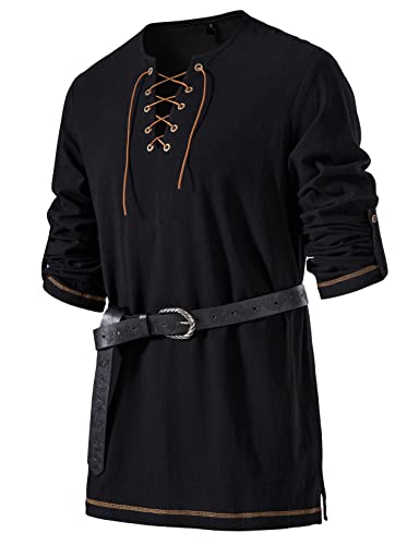 LucMatton Herren Classic Lace Up Baumwolle Hemd Mittelalter Vintage Kostüm, Schwarz-d-ohne Gürtel, L von LucMatton