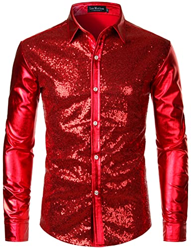 LucMatton Langärmelige Knopfleistenhemden für Herren, glänzende Metallic-Pailletten, 70er-Disco-Stil, für Halloween, Cosplay, Club, Rock-, Hip-Hop-Party, Rot, L, metallisch, L von LucMatton