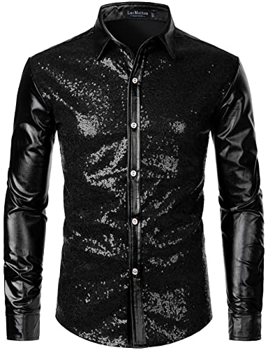 LucMatton Langärmelige Knopfleistenhemden für Herren, glänzende Metallic-Pailletten, 70er-Disco-Stil, für Halloween, Cosplay, Club, Rock-, Hip-Hop-Party, Schwarz, S, metallisch, Klein von LucMatton