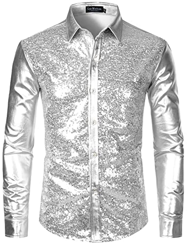 LucMatton Langärmelige Knopfleistenhemden für Herren, glänzende Metallic-Pailletten, 70er-Disco-Stil, für Halloween, Cosplay, Club, Rock-, Hip-Hop-Party, Silber, L, metallisch, L von LucMatton