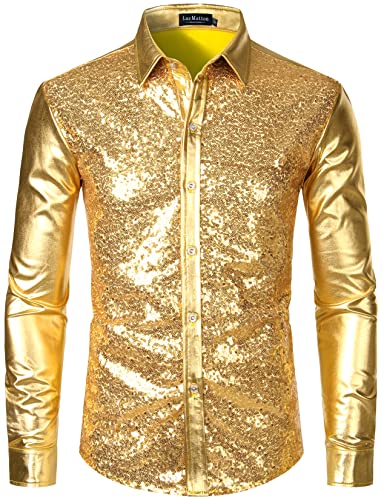 LucMatton Hemden für Herren, glänzende Metallic-Pailletten, langärmelige, Knopfleiste, 70er-Jahre Disco-Stil, für Halloween, Cosplay, Club, Rock-, Hip-Hop-Party, Gold, Größe XXL, metallisch, XX-Large von LucMatton