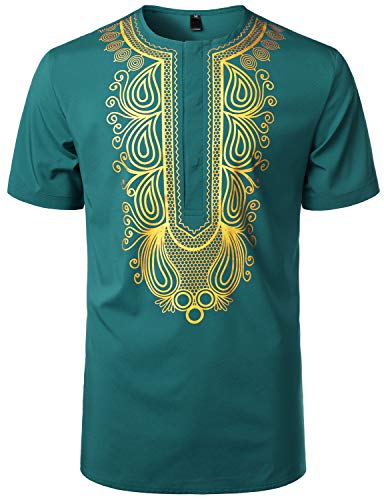 LucMatton Herren-Hemd, afrikanisch, traditionell, bedruckt, Dashiki, luxuriös, versteckte Knöpfe, kurzärmelig, blaugrün, L von LucMatton