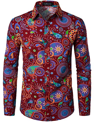 LucMatton Herrenhemd aus Leinen, mit stilvollen, afrikanischen, traditionellen Druckmustern, Langarmhemd mit Knopfleiste, Burgundy, XXL von LucMatton