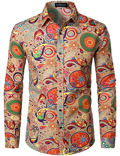 LucMatton Herrenhemd aus Leinen, mit stilvollen, afrikanischen, traditionellen Druckmustern, Langarmhemd mit Knopfleiste, Khaki-a, M von LucMatton