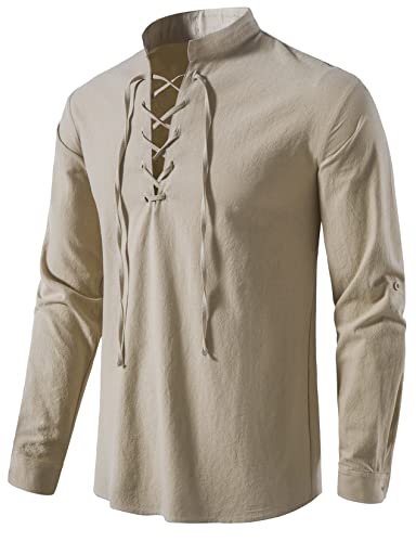 LucMatton Herren-Hemden aus 100% Baumwolle, Retro-Stil, Schnürung, langärmelig, für Mittelalter, Wikinger, Hippie, Khaki, XL von LucMatton