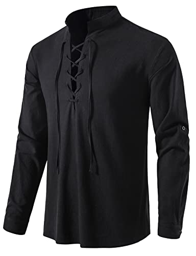 LucMatton Herren-Hemden aus 100% Baumwolle, Retro-Stil, Schnürung, langärmelig, für Mittelalter, Wikinger, Hippie, schwarz, XL von LucMatton