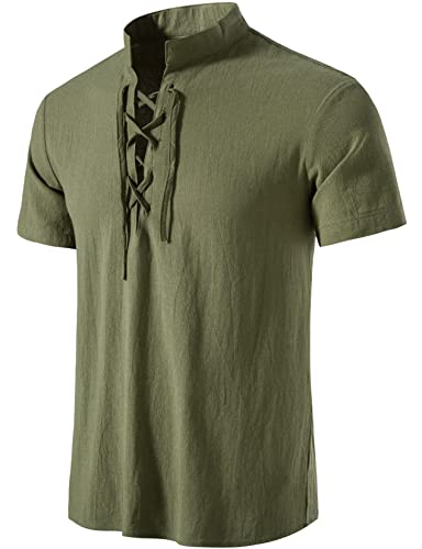 LucMatton Herren-Hemden aus Baumwolle, traditionell, Retro-Stil, zum Schnüren, kurzärmelig, für Mittelalter, Wikinger, Hippie, Armee-grün, XXL von LucMatton