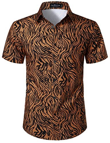 LucMatton Herren Hipster Kurzarm Button Down Leopard Print Shirt für Club Rock Party, Braunes Zebra, L von LucMatton