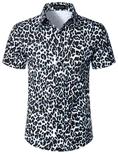 LucMatton Herren Hipster Kurzarm Button Down Leopard Print Shirt für Club Rock Party, Weiß / Leopardenmuster, S von LucMatton