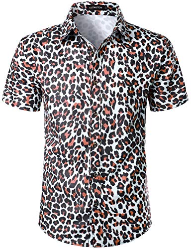 LucMatton Herren Hipster Kurzarm Button Down Leopard Print Shirt für Club Rock Party, weiß, L von LucMatton