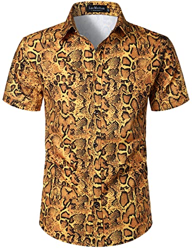 LucMatton Herren Hipster Kurzarm Button Down Zebra Schlange Leopard Print Shirt für Club Rock Party, Goldfarben/Schlange, S von LucMatton