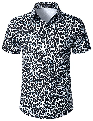 LucMatton Herren Hipster Kurzarm Button Down Zebra Schlange Leopard Print Shirt für Club Rock Party, Weiß / Leopardenmuster, M von LucMatton