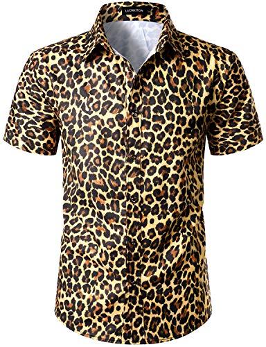 LucMatton Herren Hipster Kurzarm Button Down Leopard Print Shirt für Club Rock Party, gold, M von LucMatton