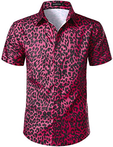 LucMatton Herren Hipster Kurzarm Button Down Leopard Print Shirt für Club Rock Party, rosarot, S von LucMatton