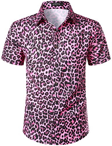 LucMatton Herren Hipster Kurzarm Button Down Leopard Print Shirt für Club Rock Party, rose, M von LucMatton