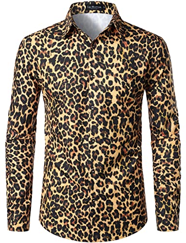 LucMatton Herren Hipster Langarm Button Down Leopard Print Shirts für Club Rock Party, Goldfarbener Leopard, M von LucMatton