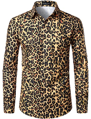 LucMatton Herren Hipster Langarm Button Down Leopard Print Shirts für Club Rock Party, Goldfarbener Leopard, XL von LucMatton