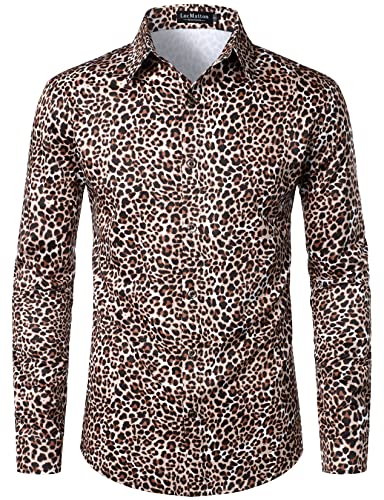 LucMatton Herren Hipster Langarm Button Down Leopard Print Shirts für Club Rock Party, Khaki Gepard, L von LucMatton