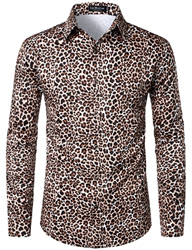 LucMatton Herren Hipster Langarm Button Down Leopard Print Shirts für Club Rock Party, Khaki Gepard, XL von LucMatton